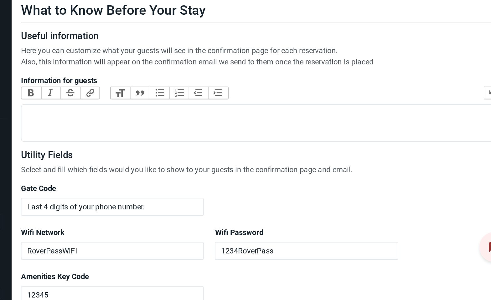 The What to Know Before Your Stay section on the Policies page (Gate Code, WiFi, Amenities)