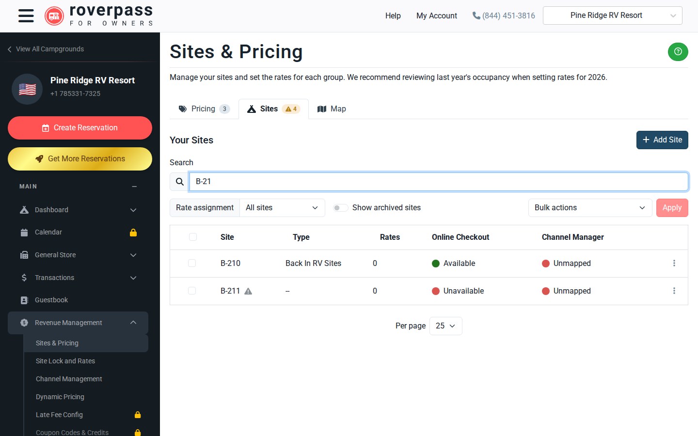 The Sites list showing B-211 with a warning icon, no type, no rate and Unavailable