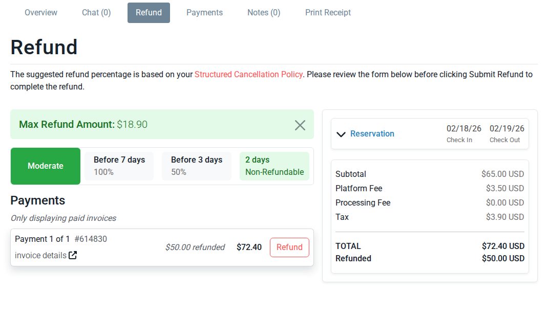 Refund tab with the suggested refund amount and Submit Refund button