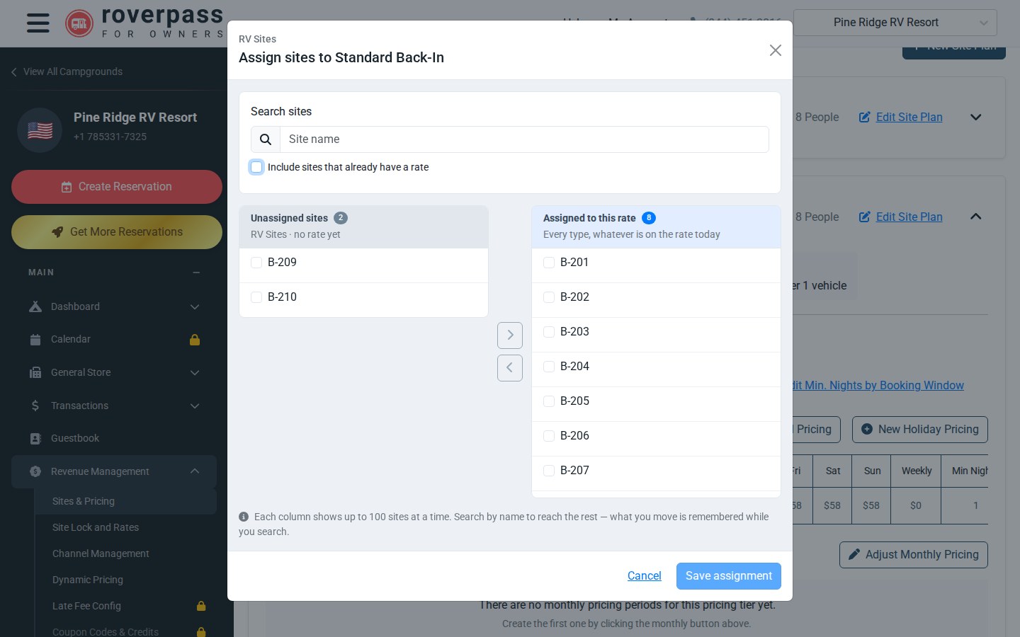 The Assign Sites window, with sites that have no rate on the left and the sites on the rate on the right