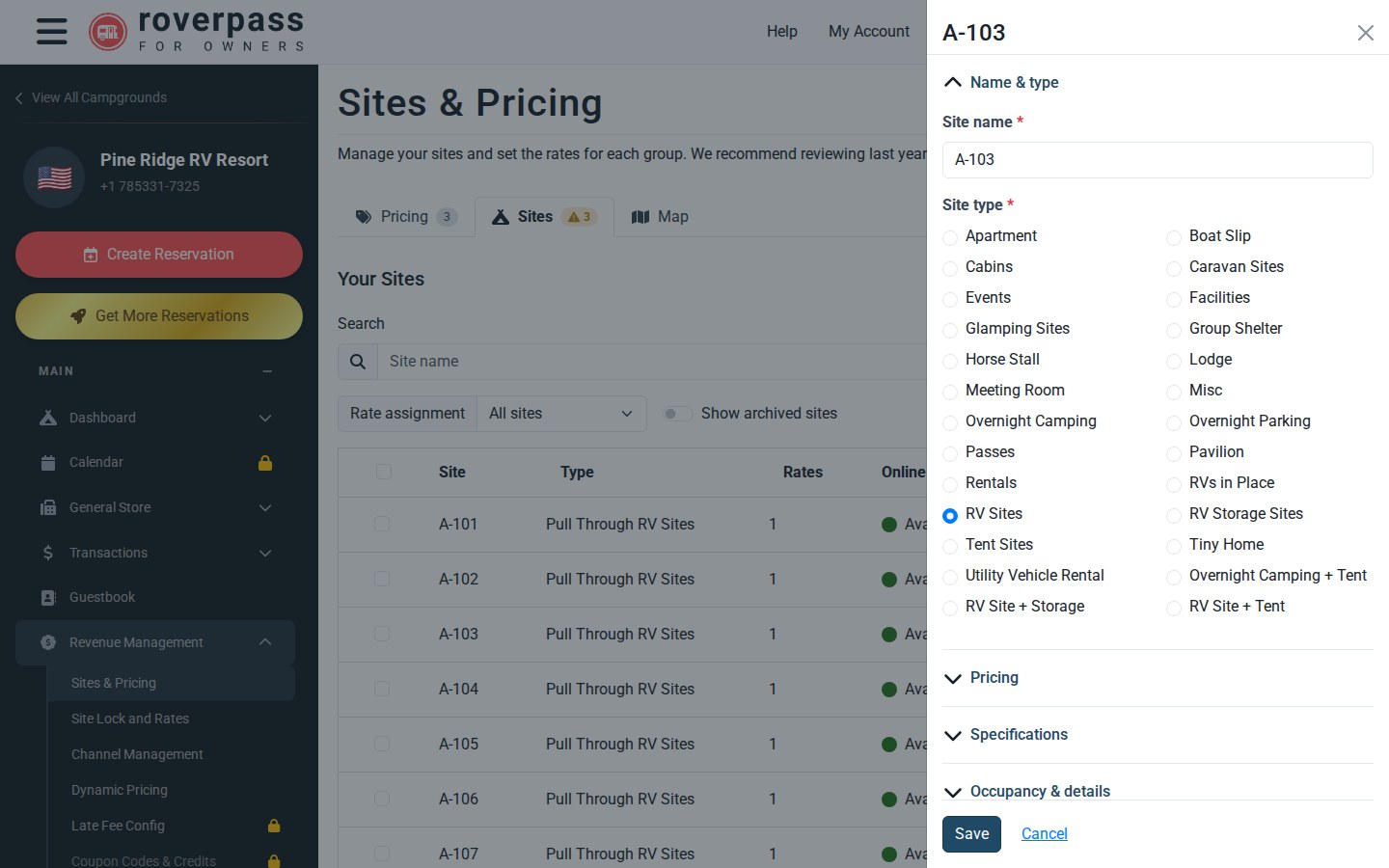 The edit form of site A-103, open on Name and type