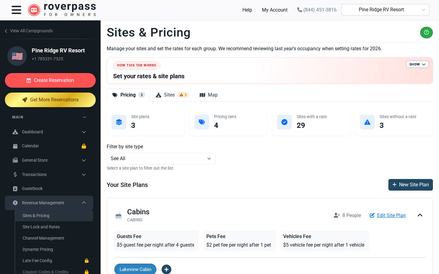 The Sites & Pricing page in the owner portal, open on the Pricing tab