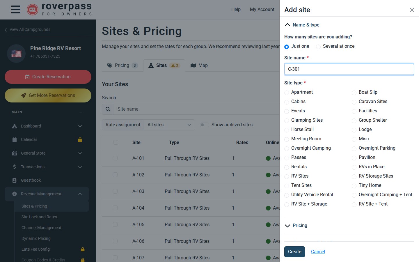 The Add site form with Just one selected and the Site name field