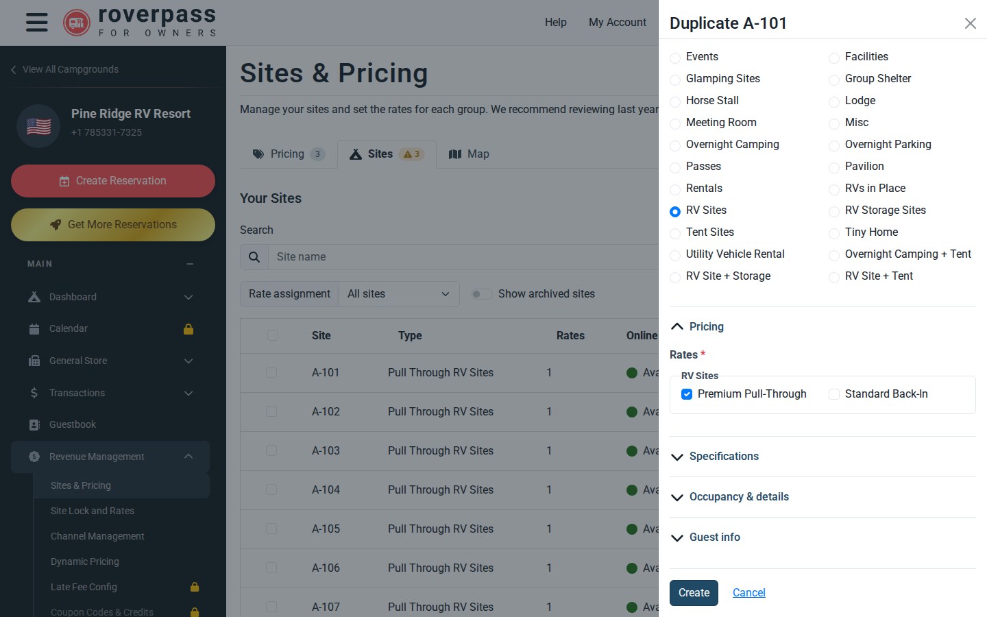 The Duplicate A-101 form with the Pricing section open and the original site's rate already ticked