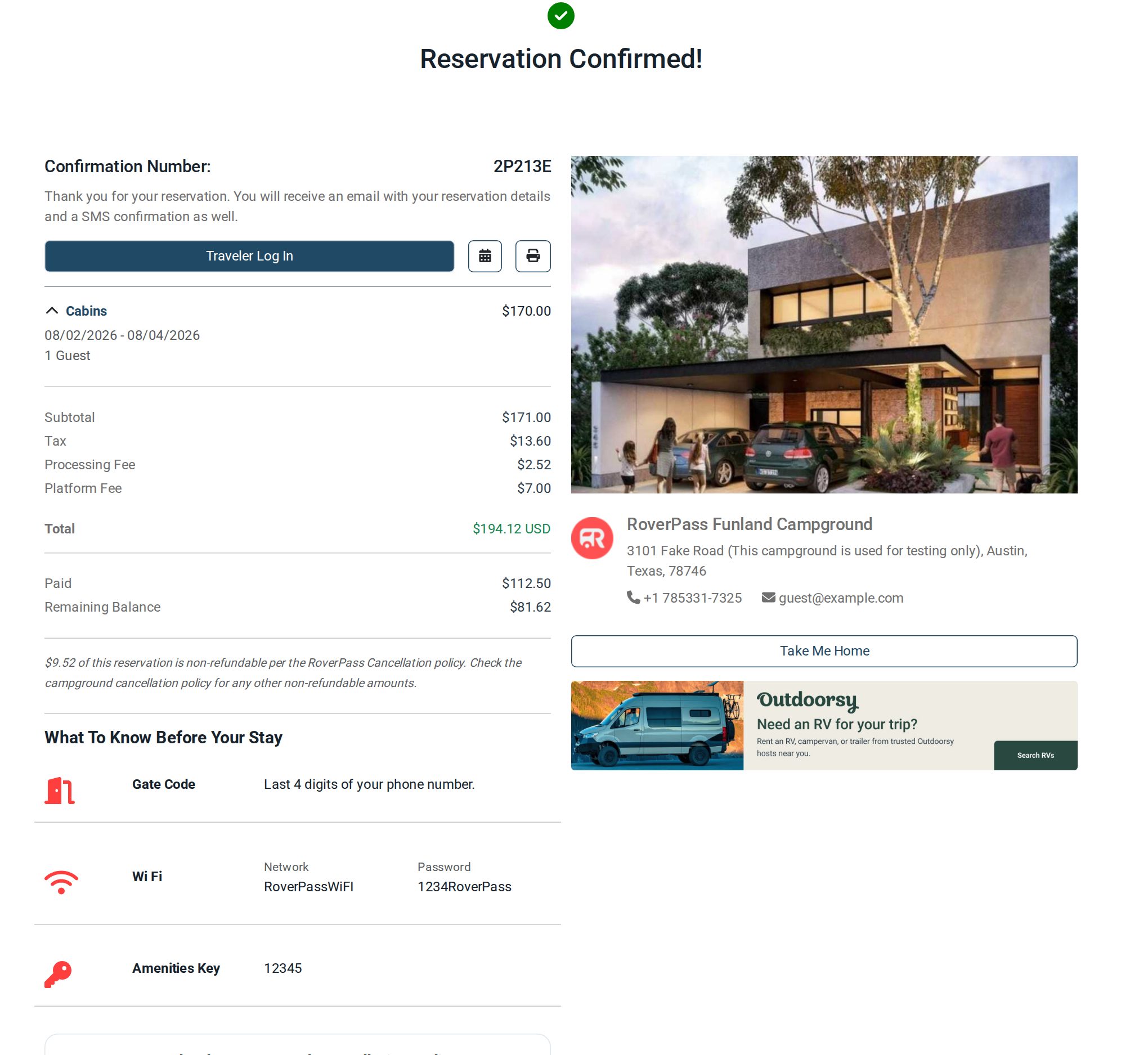 The Camper Reservation Confirmation page (What to Know, charges, and campground details)