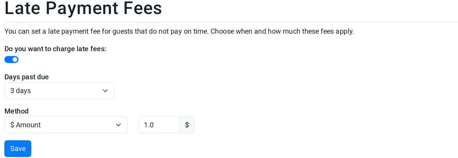 Late Payment Fees settings page in the RoverPass Owner Portal