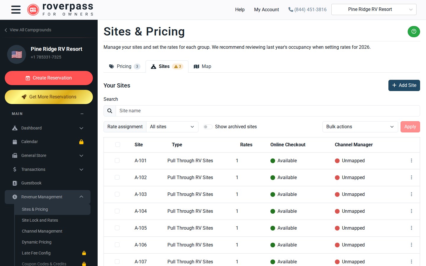 The Sites tab with the list of sites and the Add Site button