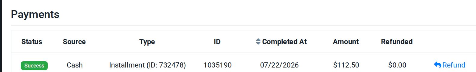 Payments section on a reservation Payments tab, showing payment status