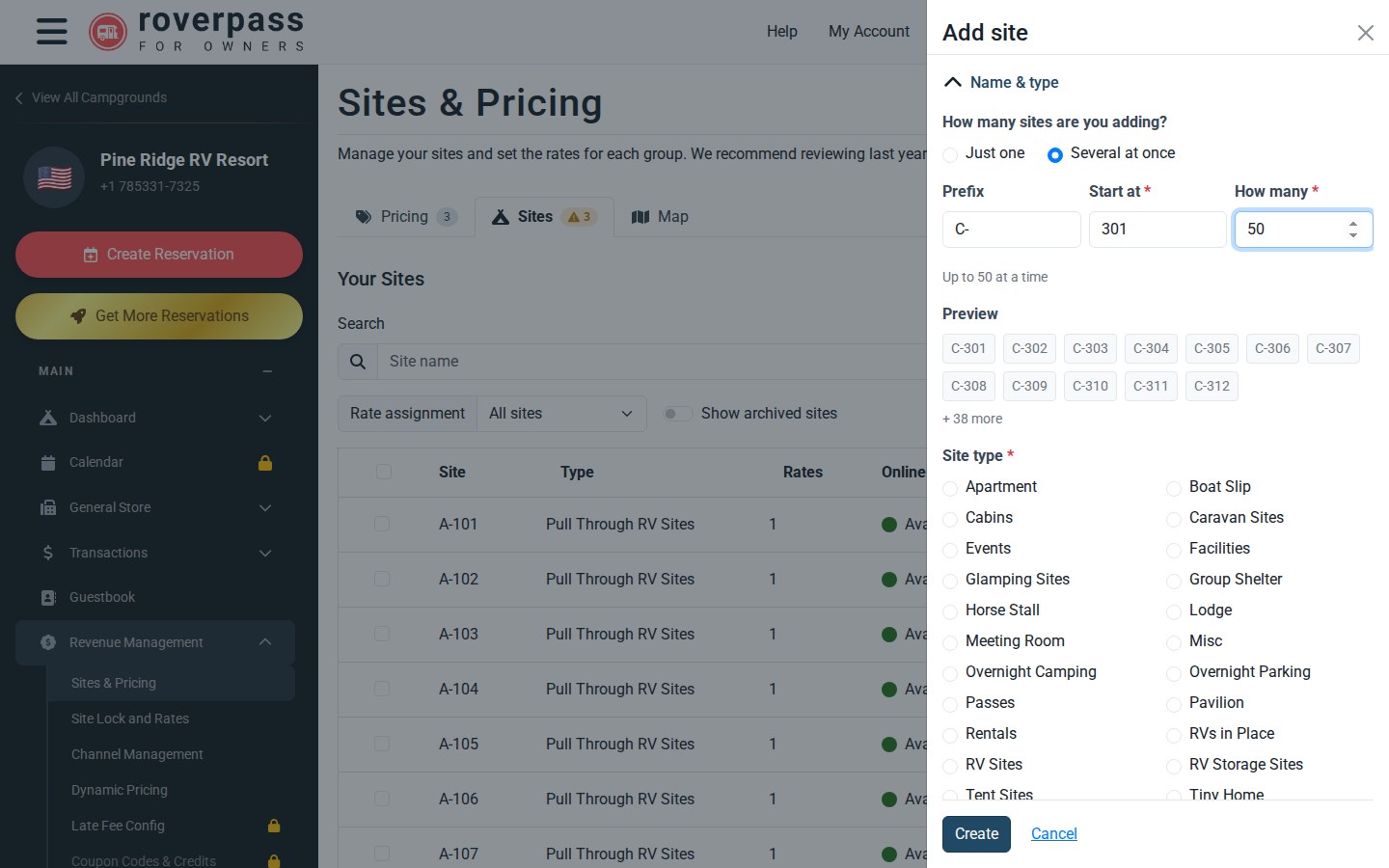 Several at once with 50 sites; the preview shows the first 12 names and 38 more