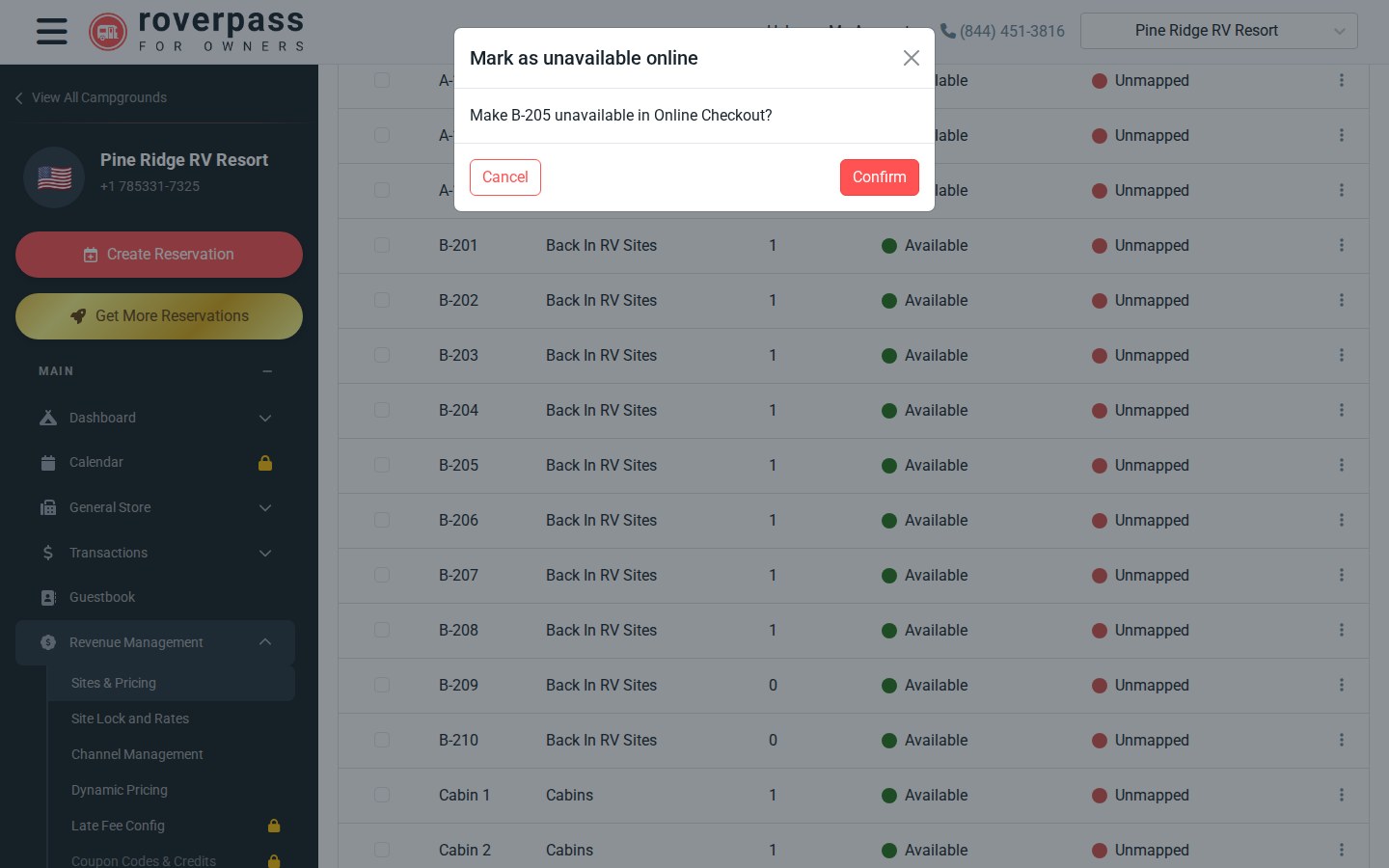 A confirmation window asking to make B-205 unavailable in Online Checkout