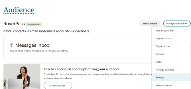 The "Manage Audience" dropdown expanded with options like Add a subscriber, Import contacts, and Settings.