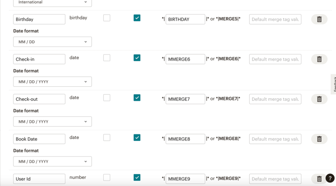 Mailchimp merge tag settings showing custom fields