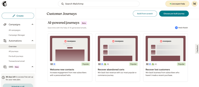 Mailchimp dashboard showing AI-powered customer journeys