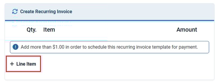 Recurring invoice section prompting user to add a line item