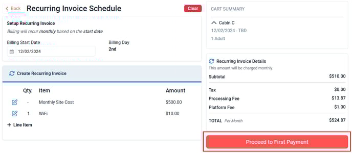 Recurring invoice schedule setup showing monthly billing start date