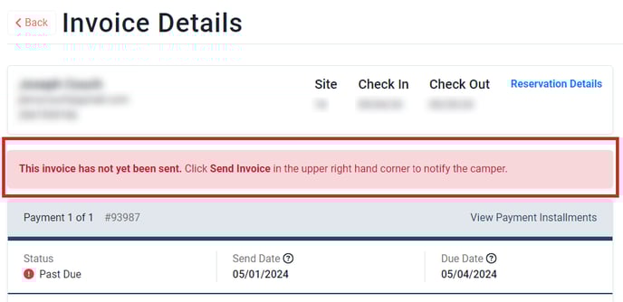 Invoice details with warning message indicating the invoice has not been sent and is past due.